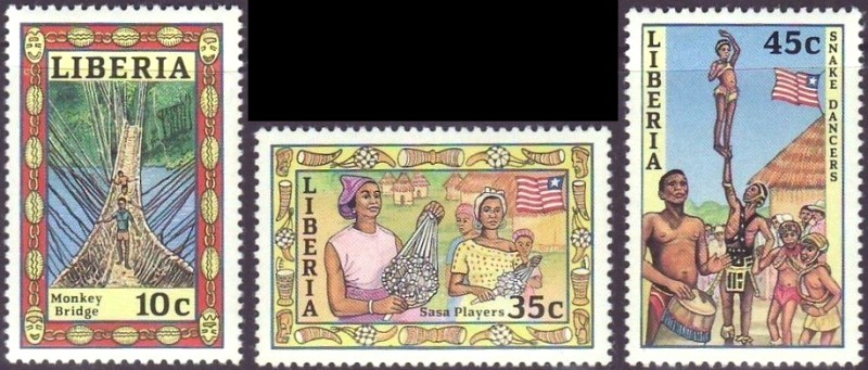 Liberia 1988 Sasa Players, Snake Dancers and Monkey Bridge Stamps Liberia 1988 Sasa Players, Snake Dancers and Monkey Bridge Stamps
